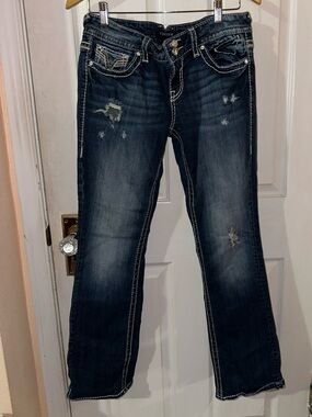 Vigoss Dark Blue Distressed Straight Leg Jeans
